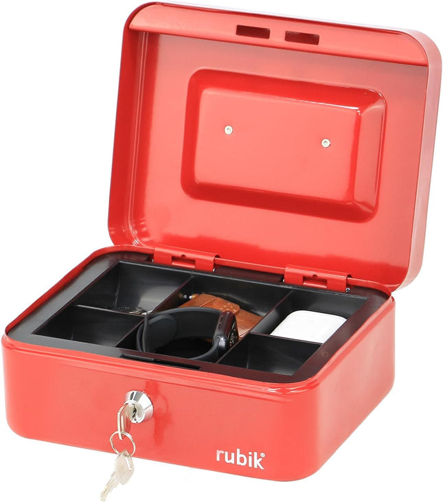 Rubik Medium Cash Box with Key Lock, Portable Money Box (20x16x9cm) Red