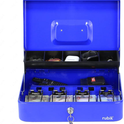 Rubik X-Large Cash Box with Key Money Tray Coin Slot Tray Steel Register 30x24x9cm Blue