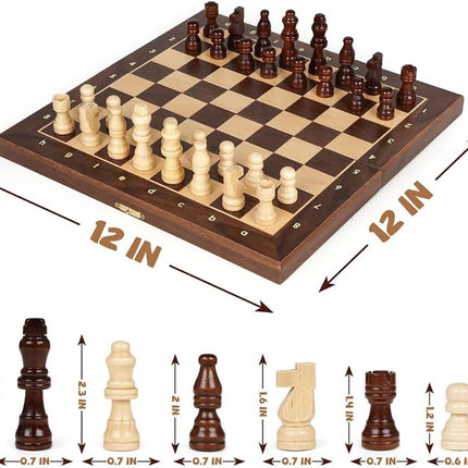 Folding Wooden Chess Board 12x12inch, Premium Magnetic Board Game Set (Brown/Beige)