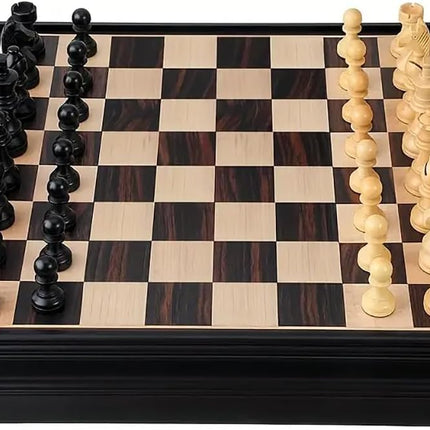 Premium Wooden Chess and Checkers Large 38x38cm, Magnetic Chess Board 2in1 Game Set with Storage Drawer (Black/Brown)