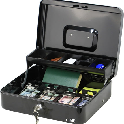 Rubik X-Large Cash Box with Key Money Tray Coin Slot Tray Steel Register 30x24x9cm Black