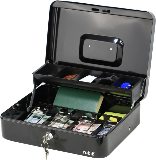 Rubik X-Large Cash Box with Key Money Tray Coin Slot Tray Steel Register 30x24x9cm Black