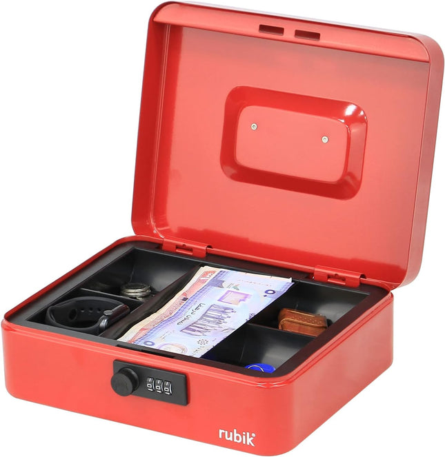 Large Cash Box with Combination Lock & Tray - Red (25x20x9cm)