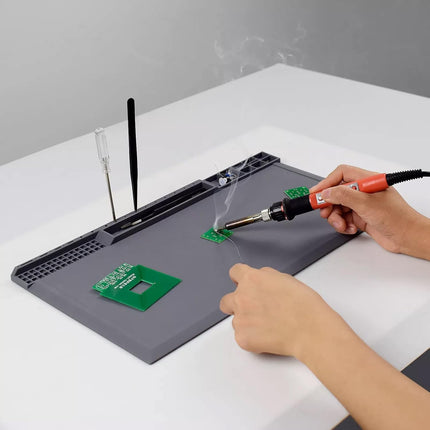 TE-612 Soldering Mat 38×21cm - Heat-Resistant Anti-Static Silicone Repair Work Mat (Grey)