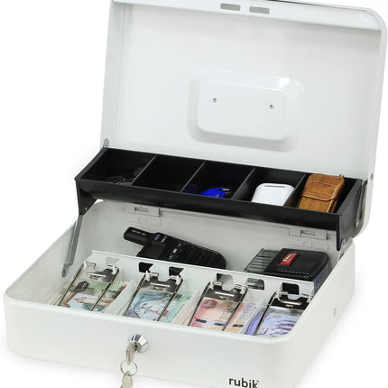 Rubik X-Large Cash Box with Key Money Tray Coin Slot Tray Steel Register 30x24x9cm White