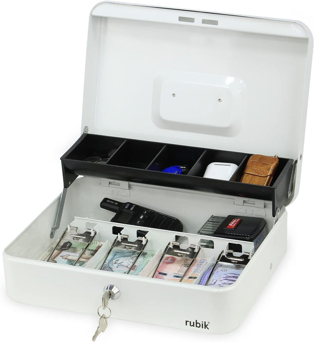 Rubik X-Large Cash Box with Key Money Tray Coin Slot Tray Steel Register 30x24x9cm White
