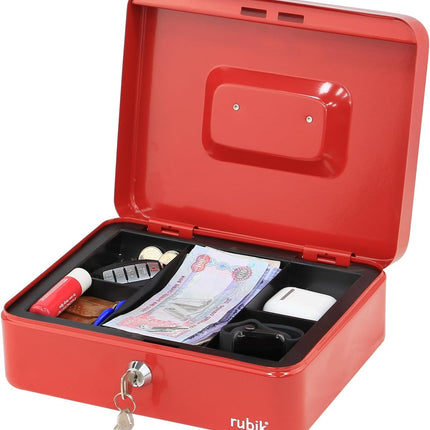 Rubik Large Cash Box with Key Lock, Portable Money Box (25x20x9cm) Red