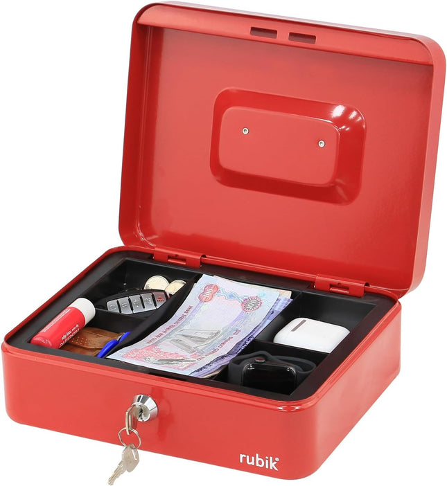 Rubik Large Cash Box with Key Lock, Portable Money Box (25x20x9cm) Red