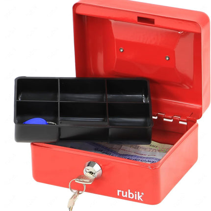 Rubik Small Cash Box with Key Lock, Portable Money Box (15x12x7.5cm) Red