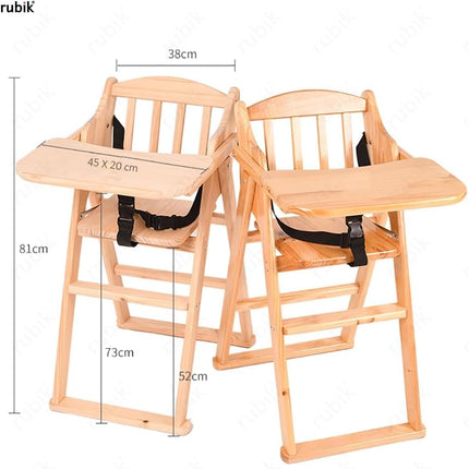Un-Polished Wooden Baby High Chair with Tray, Foldable With Safety Belt and Cushion