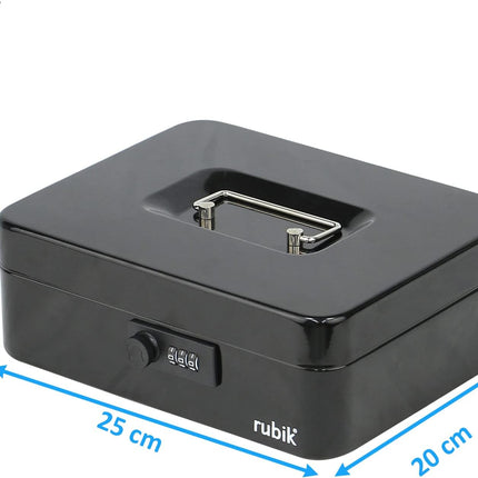 Large Cash Box with Combination Lock & Tray - Black (25x20x9cm)
