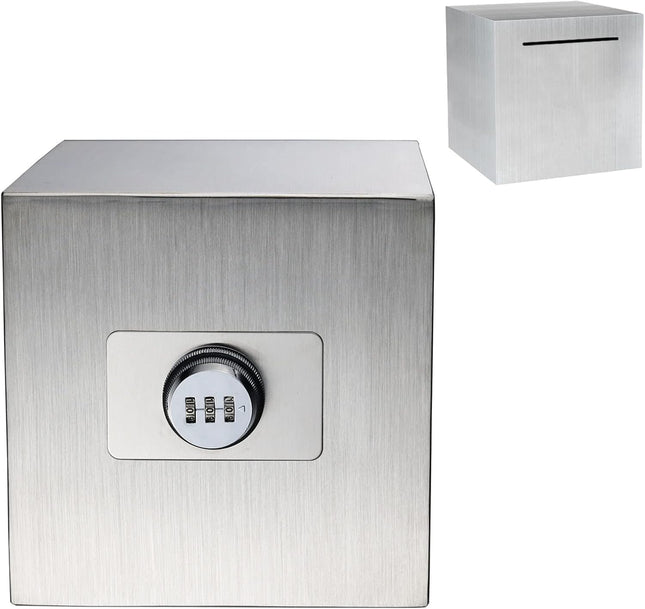 Rubik 15cm Piggy Bank with 3-Digits Combination Lock, Stainless Steel Money Saving Box for Cash Coin for Adults & Kids (6 Inch) Silver