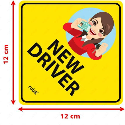 Self Adhesive Lady New Driver Car Sign Sticker, Reflective Removable (Size 12cm x 12cm)
