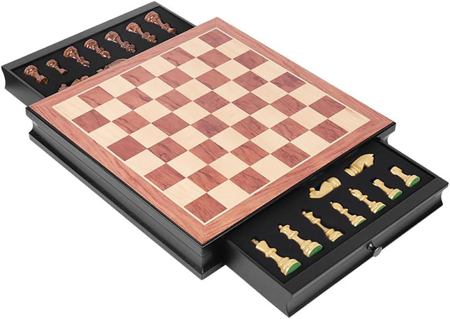 Premium Chess Board Wooden, Large 45x45cm with Storage Drawers (Black/Brown)