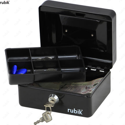 Rubik Small Cash Box with Key Lock, Portable Money Box (15x12x7.5cm) Black
