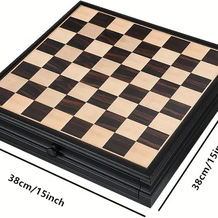Premium Wooden Chess and Checkers Large 38x38cm, Magnetic Chess Board 2in1 Game Set with Storage Drawer (Black/Brown)