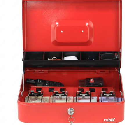 Rubik X-Large Cash Box with Key Money Tray Coin Slot Tray Steel Register 30x24x9cm Red