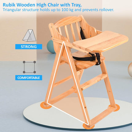 Un-Polished Wooden Baby High Chair with Tray, Foldable With Safety Belt and Cushion