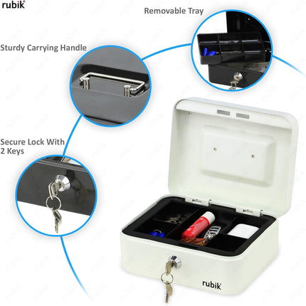 Rubik Medium Cash Box with Key Lock, Portable Money Box (20x16x9cm) White