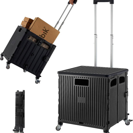 Foldable Grocery Shopping Trolley with Lid 50L Capacity, Premium 360 Swivel Wheels Cart (Black)