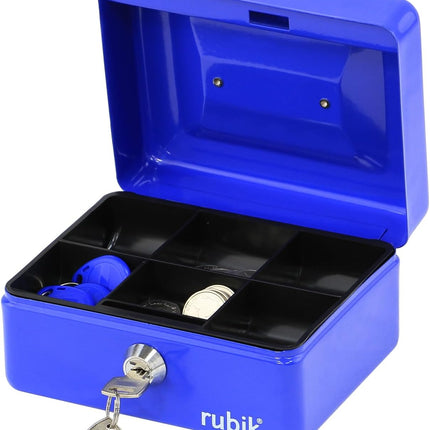Rubik Small Cash Box with Key Lock, Portable Money Box (15x12x7.5cm) Blue