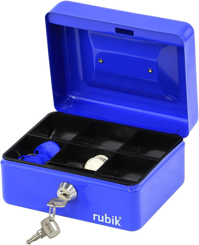 Rubik Small Cash Box with Key Lock, Portable Money Box (15x12x7.5cm) Blue