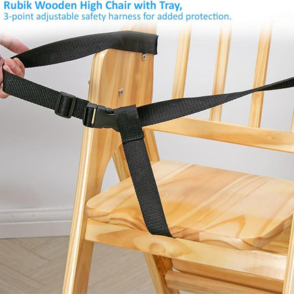 Un-Polished Wooden Baby High Chair with Tray, Foldable With Safety Belt and Cushion