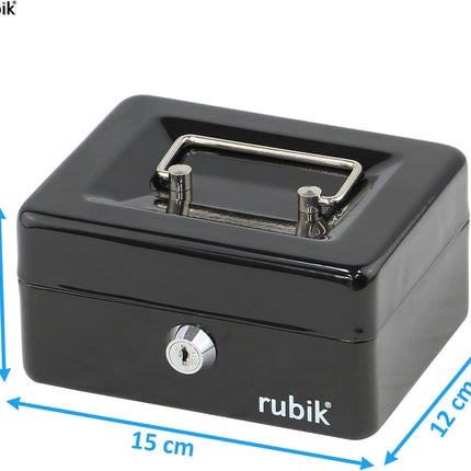 Rubik Small Cash Box with Key Lock, Portable Money Box (15x12x7.5cm) Black