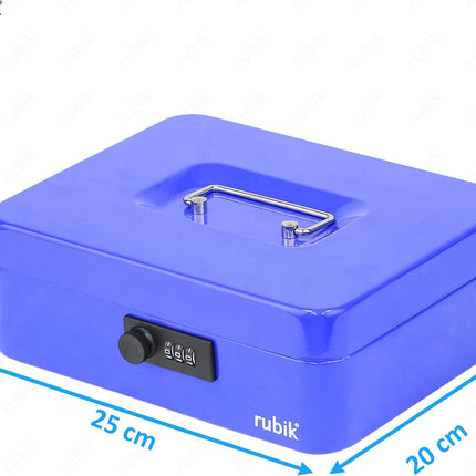 Large Cash Box with Combination Lock & Tray - Blue (25x20x9cm)