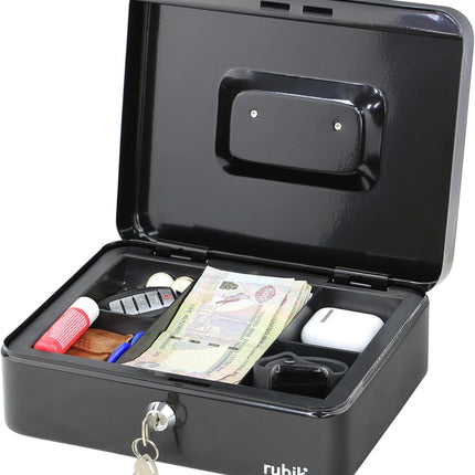 Rubik Large Cash Box with Key Lock, Portable Money Box (25x20x9cm) Black