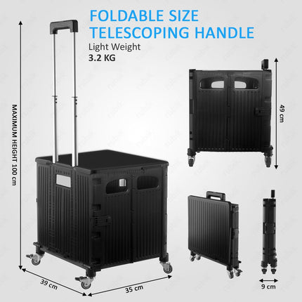 Foldable Grocery Shopping Trolley with Lid 50L Capacity, Premium 360 Swivel Wheels Cart (Black)
