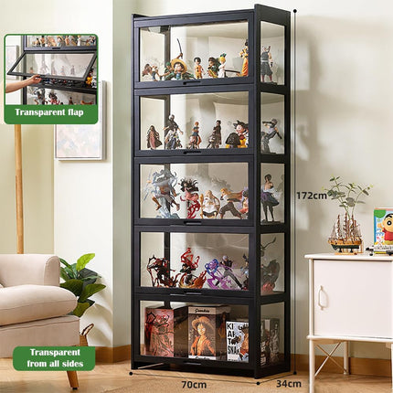 Rubik Display Showcase Cabinet, All Sides Transparent Acrylic, Pull-up Window Doors (Black), Organize and Showcase Your Treasures in Style