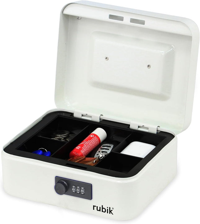 Medium Cash Box with Combination Lock & Tray - White (20x16x9cm)