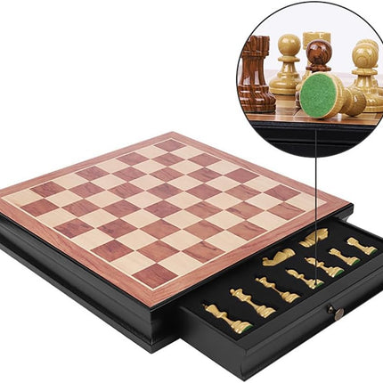 Premium Chess Board Wooden, Large 45x45cm with Storage Drawers (Black/Brown)
