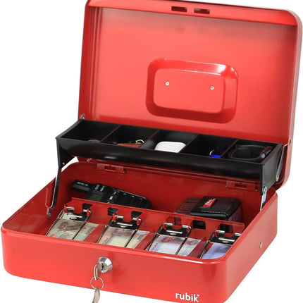 Rubik X-Large Cash Box with Key Money Tray Coin Slot Tray Steel Register 30x24x9cm Red