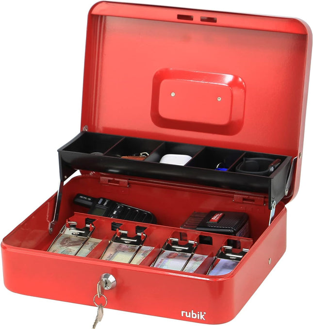 Rubik X-Large Cash Box with Key Money Tray Coin Slot Tray Steel Register 30x24x9cm Red