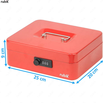 Large Cash Box with Combination Lock & Tray - Red (25x20x9cm)