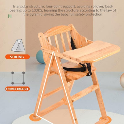 Solid Wood Baby High Chair, Adjustable Foldable with Safety Harness & Cushion, Beige