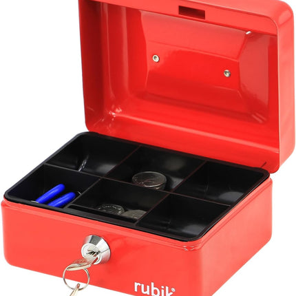 Rubik Small Cash Box with Key Lock, Portable Money Box (15x12x7.5cm) Red