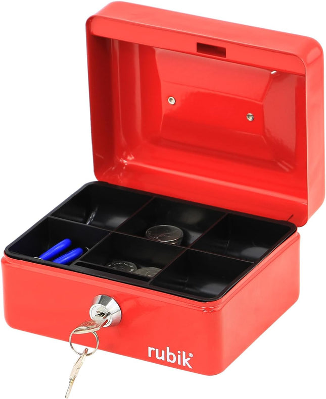 Rubik Small Cash Box with Key Lock, Portable Money Box (15x12x7.5cm) Red