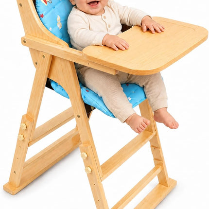 Adjustable Baby High Chair with Tray, Solid Wood Foldable with Safety Belt and Cushion (Beige)