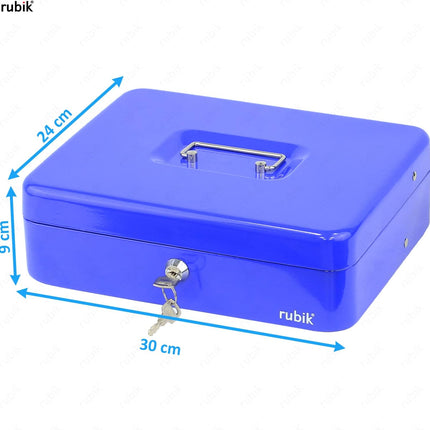 Rubik X-Large Cash Box with Key Money Tray Coin Slot Tray Steel Register 30x24x9cm Blue