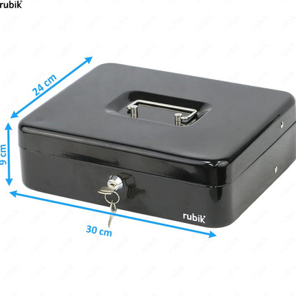 Rubik X-Large Cash Box with Key Money Tray Coin Slot Tray Steel Register 30x24x9cm Black