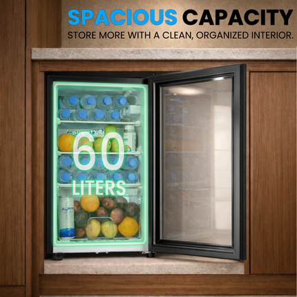 Rubik 60L Glass Door Mini Fridge for Events, Exhibition Booths and Offices - Compact Display Fridge for Drinks RBJC-62