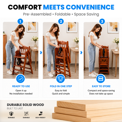 Adjustable Solid Wood Baby High Chair,  Foldable with Safety Harness & Cushion, Reddish Brown