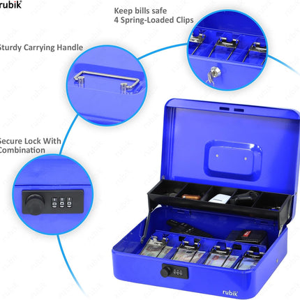 Rubik X-Large Cash Box with Combination Lock, Money Tray & Coin Slot 30x24x9cm Blue