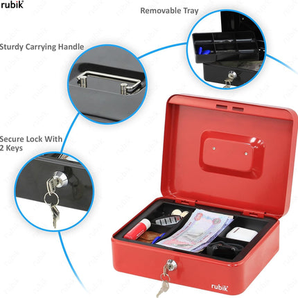 Rubik Large Cash Box with Key Lock, Portable Money Box (25x20x9cm) Red
