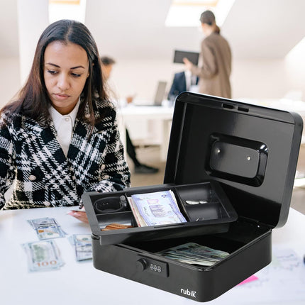 Large Cash Box with Combination Lock & Tray - Black (25x20x9cm)