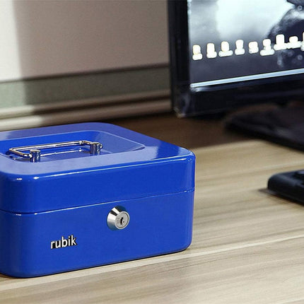 Rubik Medium Cash Box with Key Lock, Portable Money Box (20x16x9cm) Blue