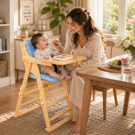 Adjustable Baby High Chair with Tray, Solid Wood Foldable with Safety Belt and Cushion (Beige)